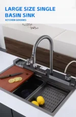 Premium 304 Stainless Steel Handmade Single Bowl Kitchen Sink with Waterfall Faucet - Image 3